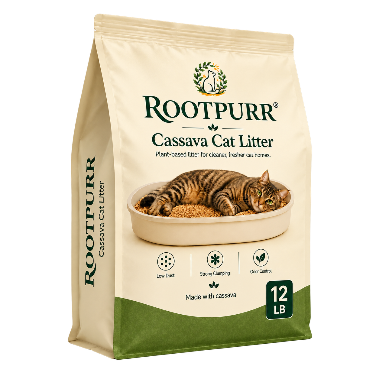 ROOTPURR Cassava Cat Litter, 12 lb packaging